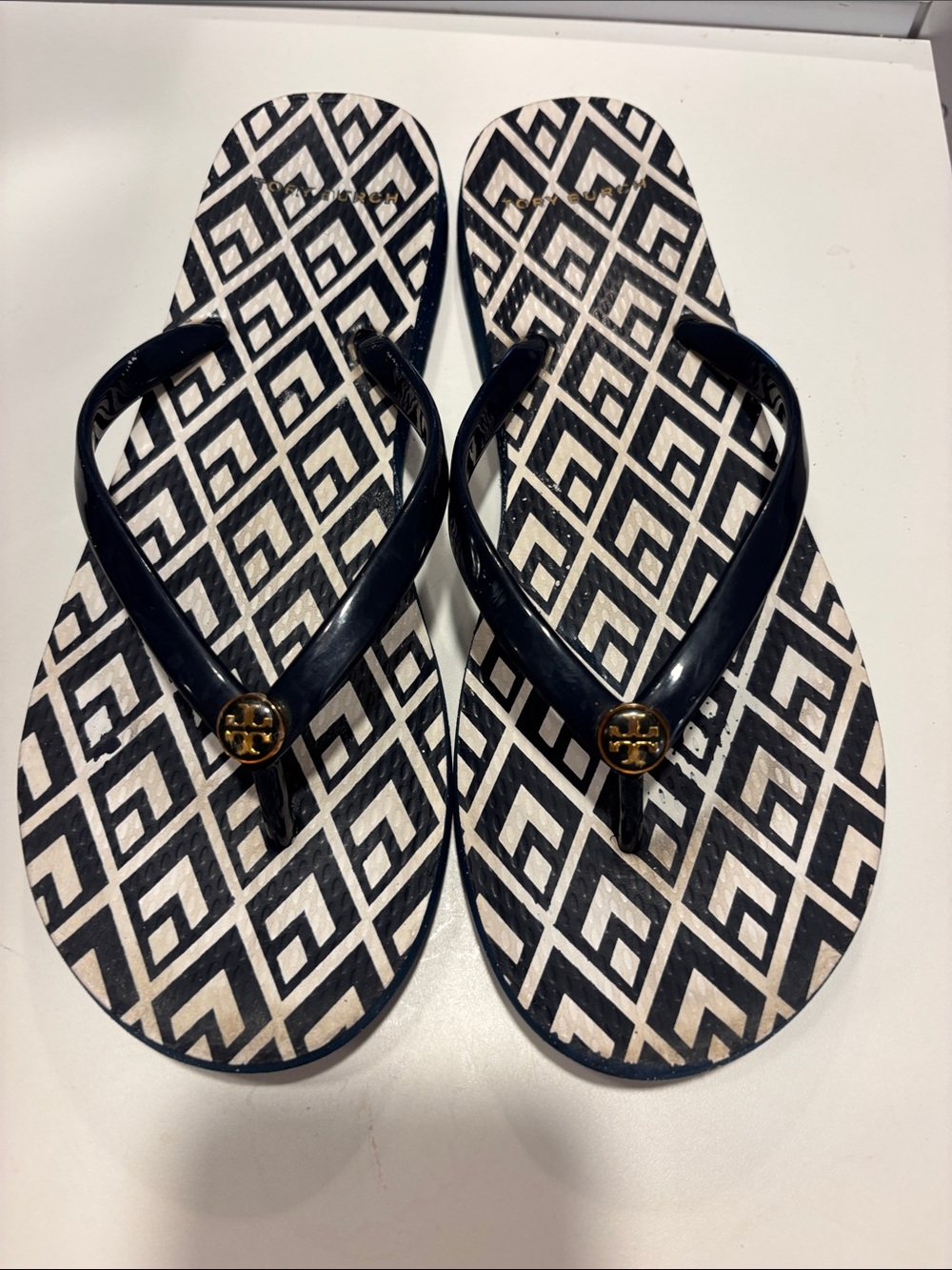 Tory Burch Navy & White Geometric Logo Flip Flop Sandals